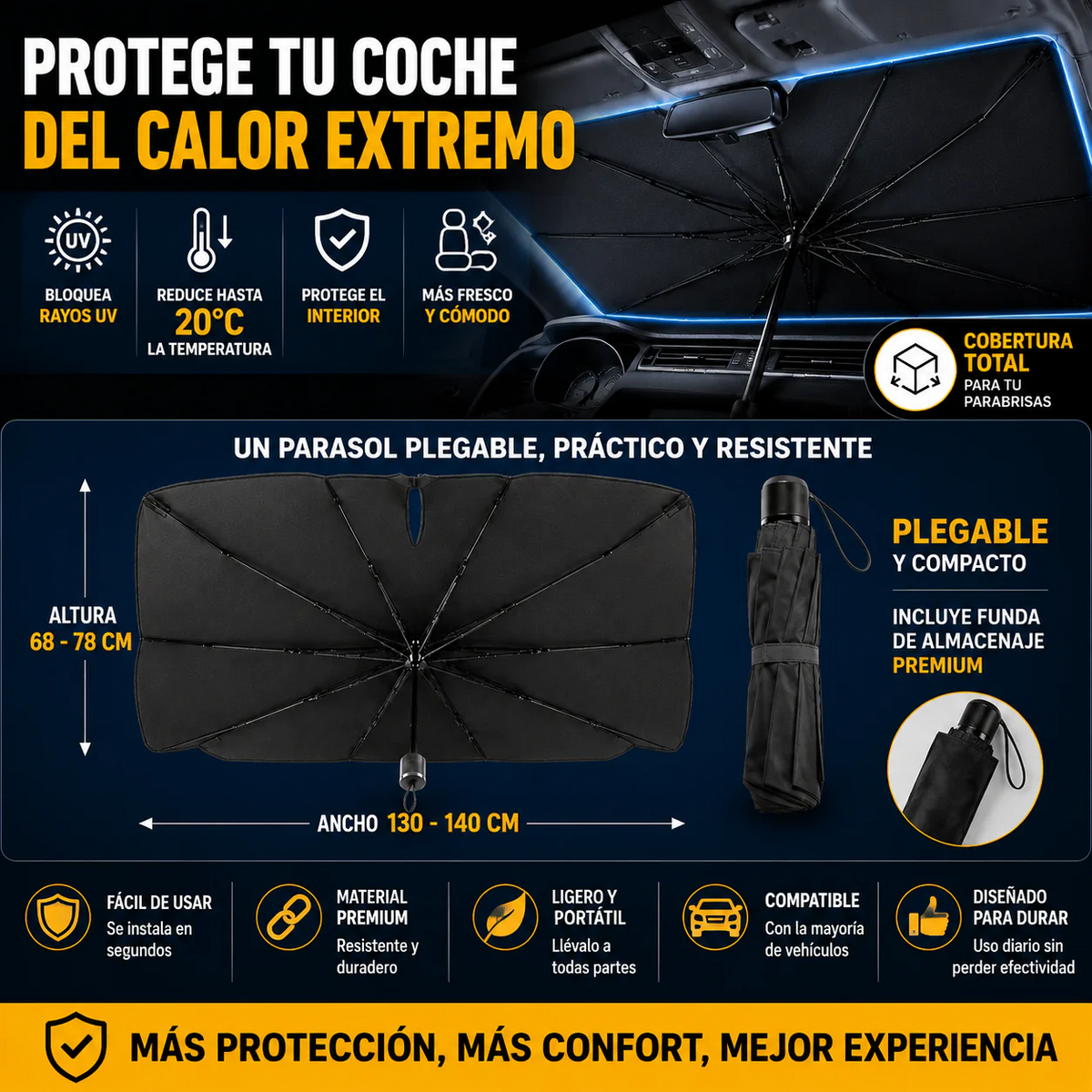 SombraDrive™ – Parasol Plegable para Coche tipo Paraguas